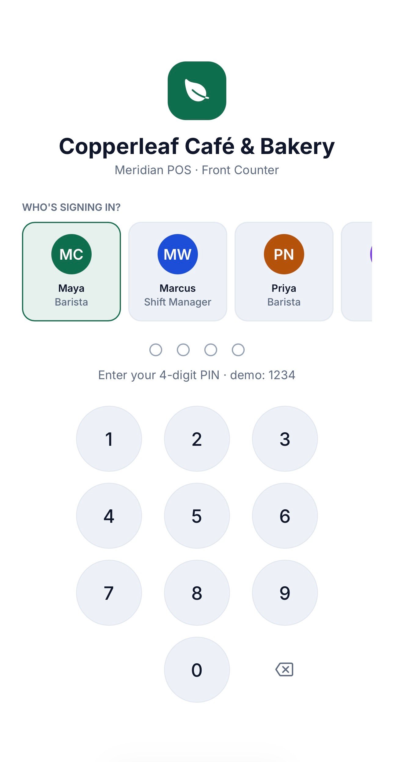 Cafe POS app screen 1